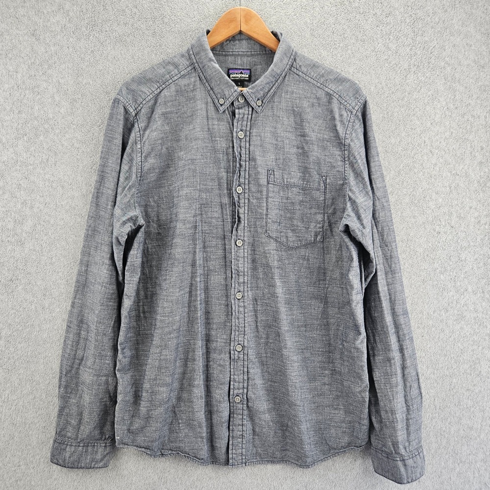 PATAGONIA Button Up Men L Blue Chambray Organic Cotton Long Sleeve Work Shirt